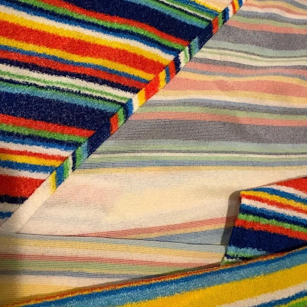 Vintage 1950s 60s Striped Multicol Terry Cloth Tablecloth 62x78 MCM Retro Picnic